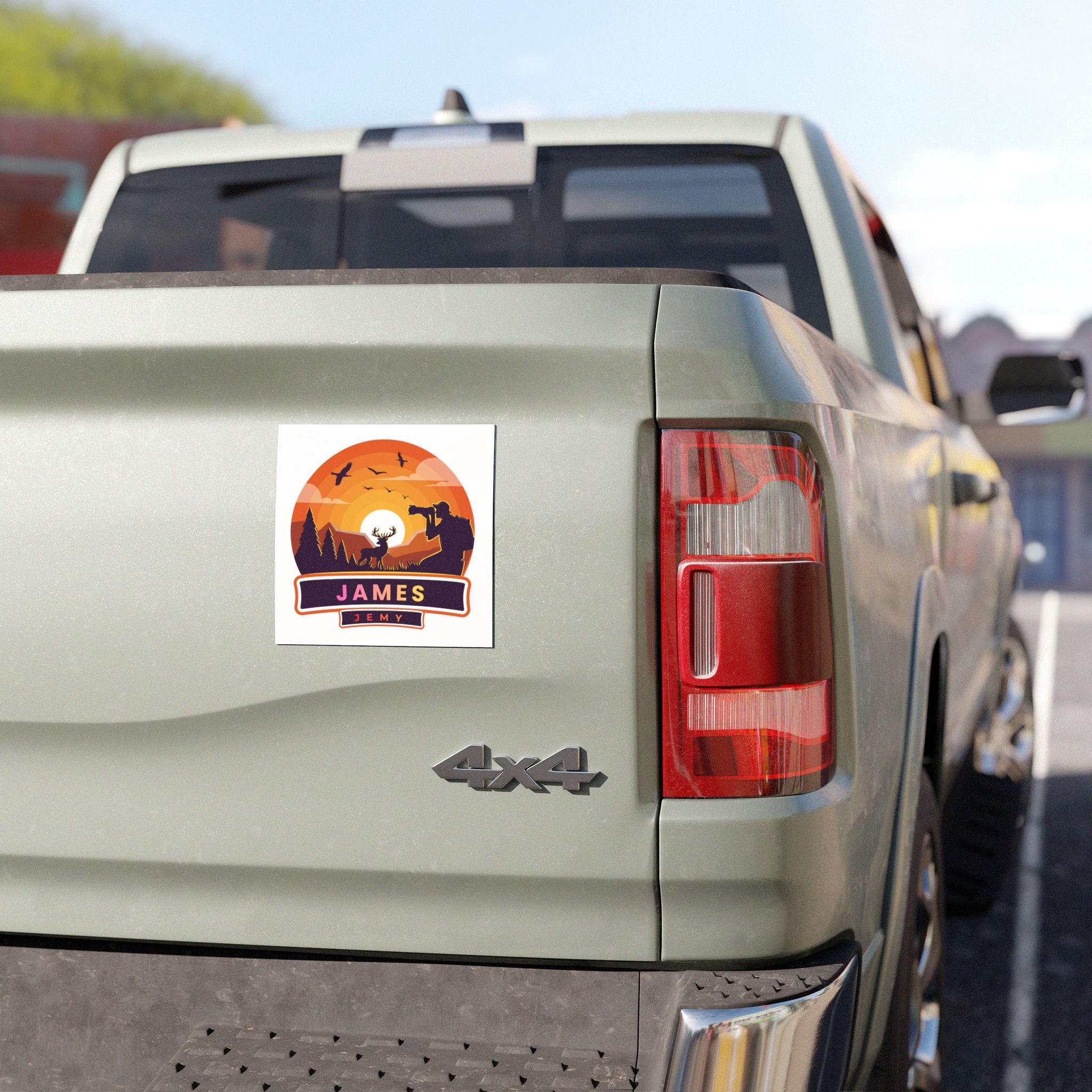 Personalized Hunting Car Magnet — Sunrise Deer & Photographer Badge (Custom Name)