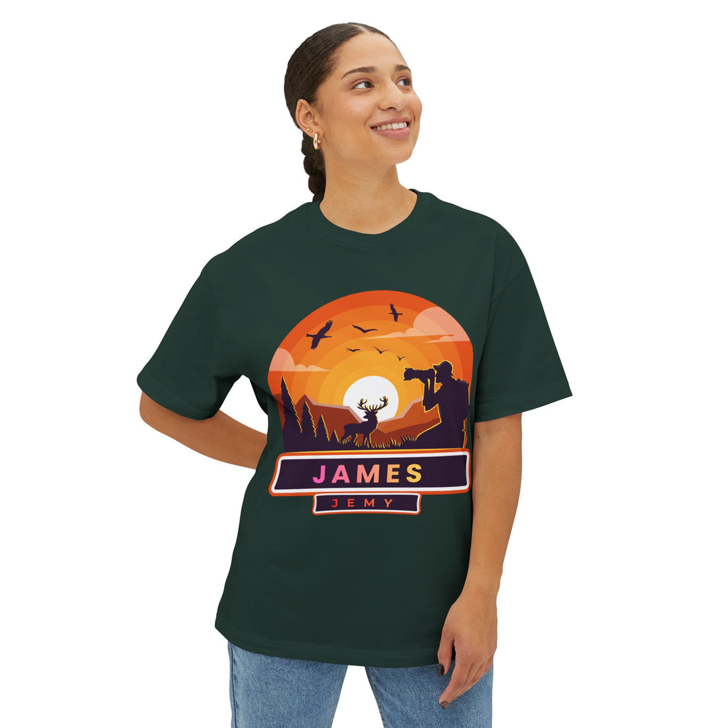 Sunset Deer Silhouette Tee | Personalized JAMES Name Badge