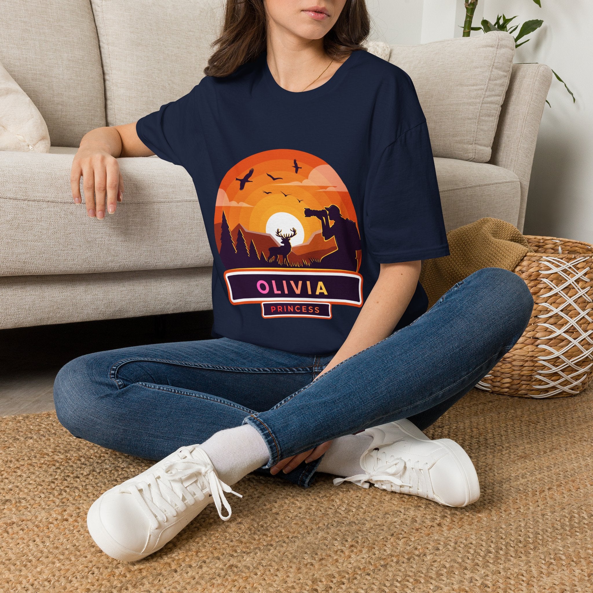 Sunset Deer Silhouette T-Shirt | Personalized Olivia Name