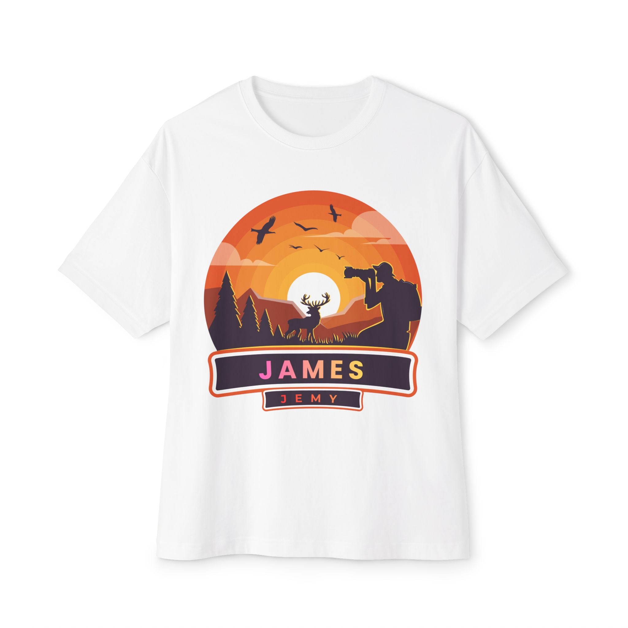 Sunset Deer Silhouette Tee | Personalized JAMES Name Badge