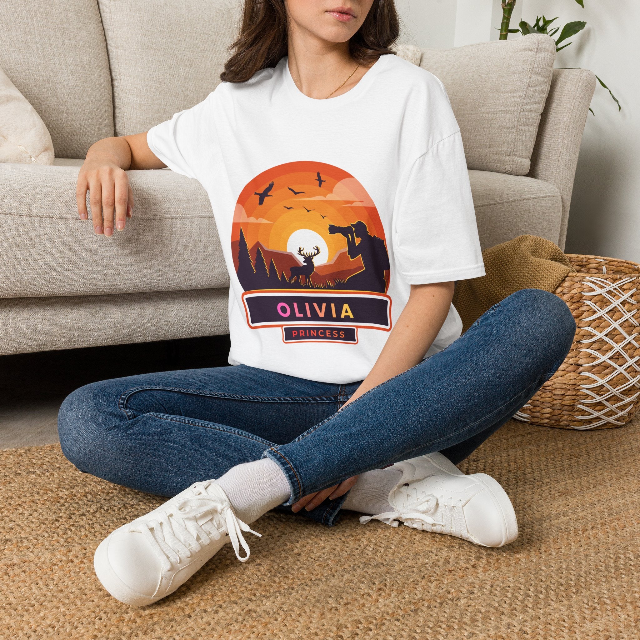 Sunset Deer Silhouette T-Shirt | Personalized Olivia Name
