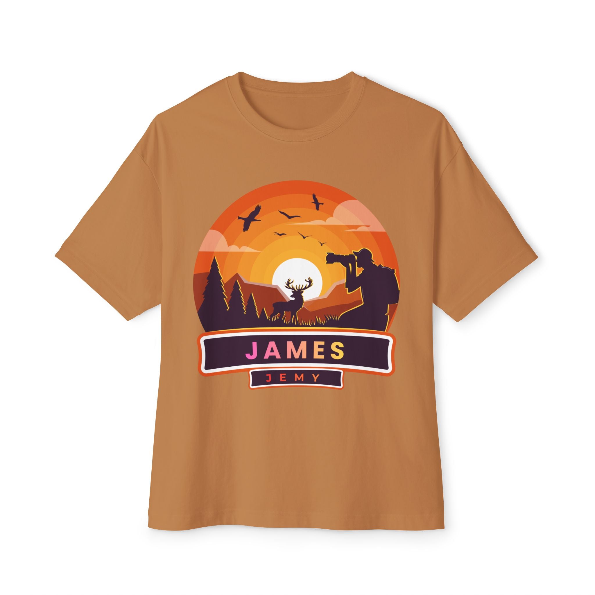 Sunset Deer Silhouette Tee | Personalized JAMES Name Badge