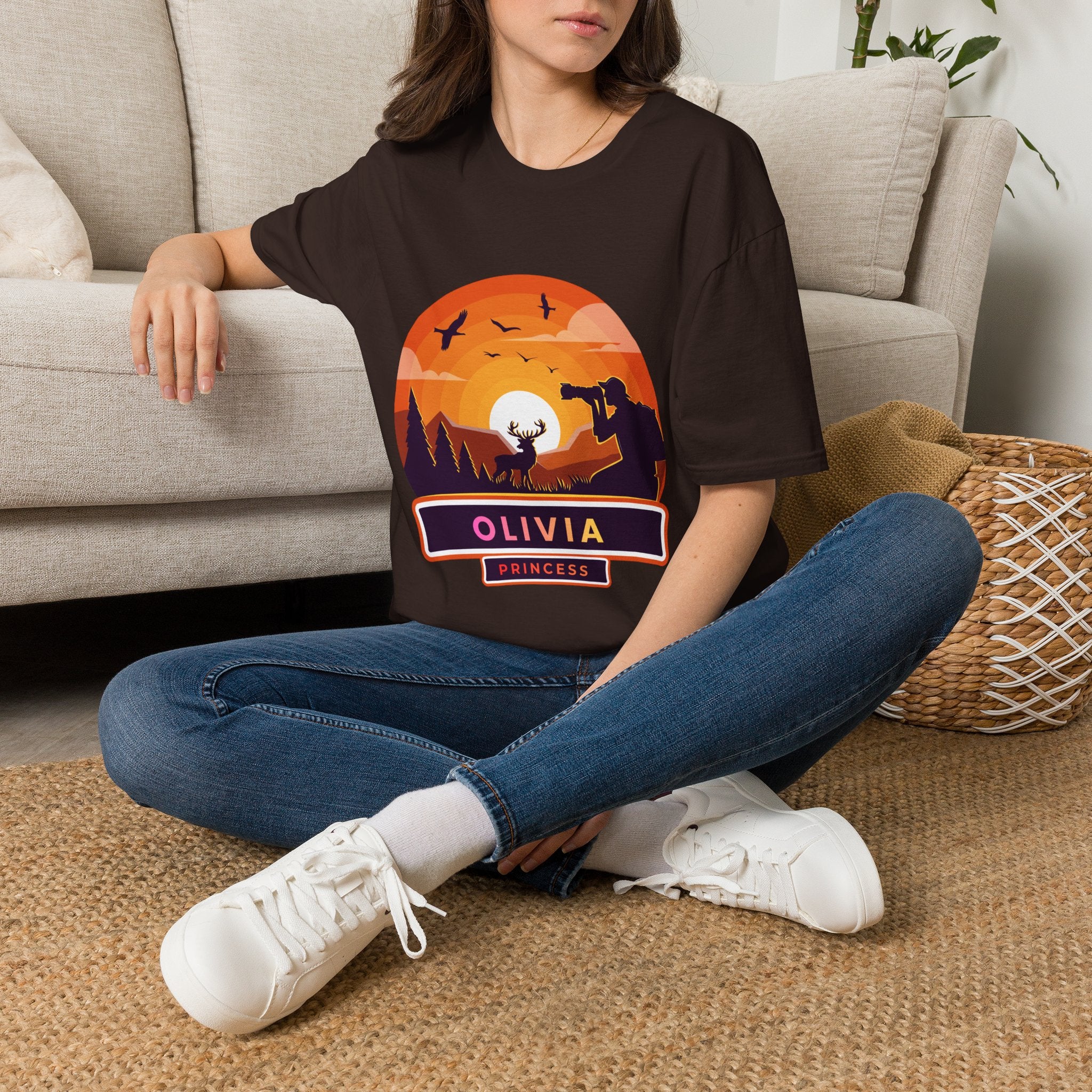 Sunset Deer Silhouette T-Shirt | Personalized Olivia Name