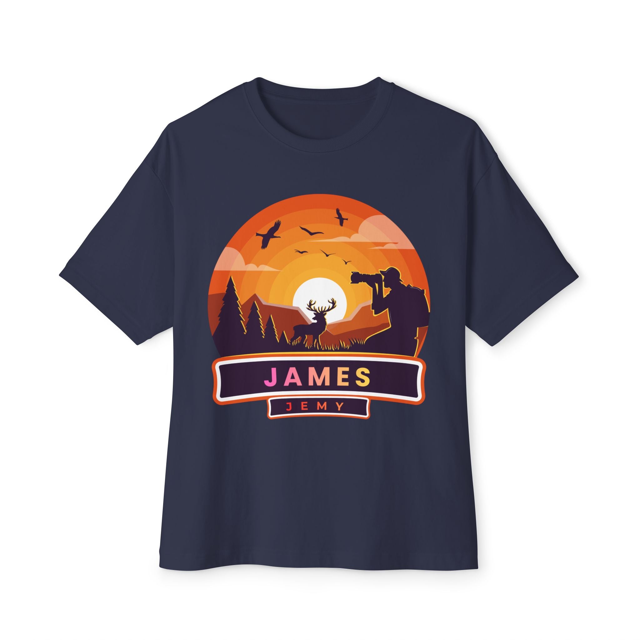 Sunset Deer Silhouette Tee | Personalized JAMES Name Badge