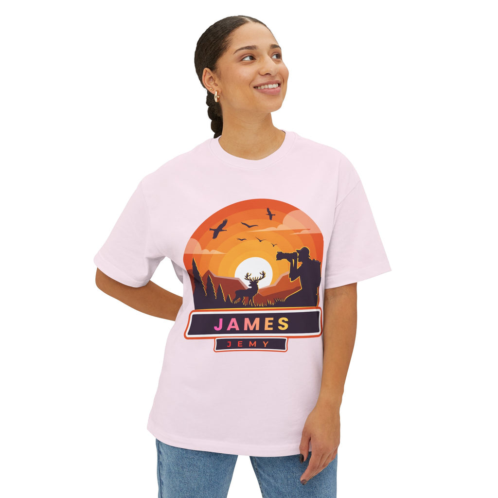 Sunset Deer Silhouette Tee | Personalized JAMES Name Badge
