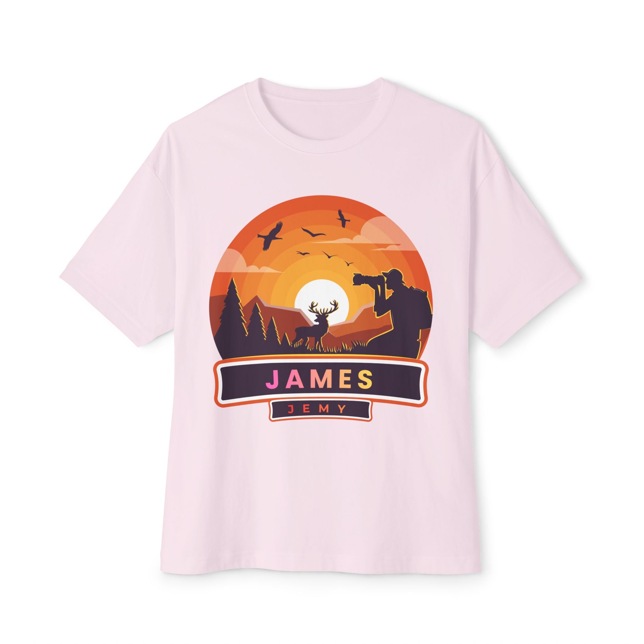 Sunset Deer Silhouette Tee | Personalized JAMES Name Badge