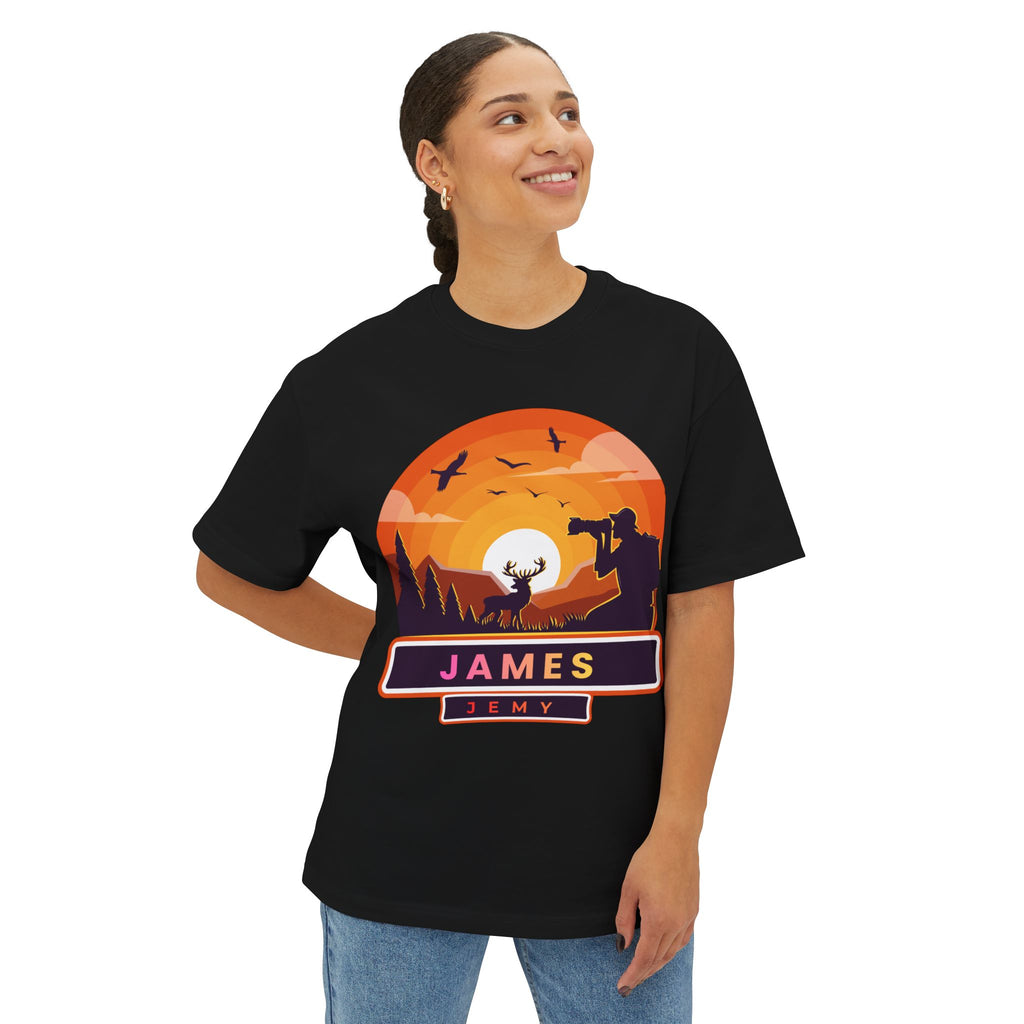 Sunset Deer Silhouette Tee | Personalized JAMES Name Badge