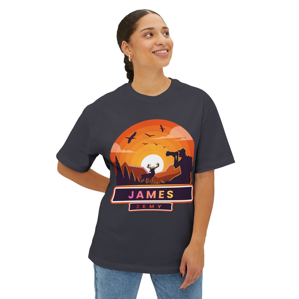 Sunset Deer Silhouette Tee | Personalized JAMES Name Badge