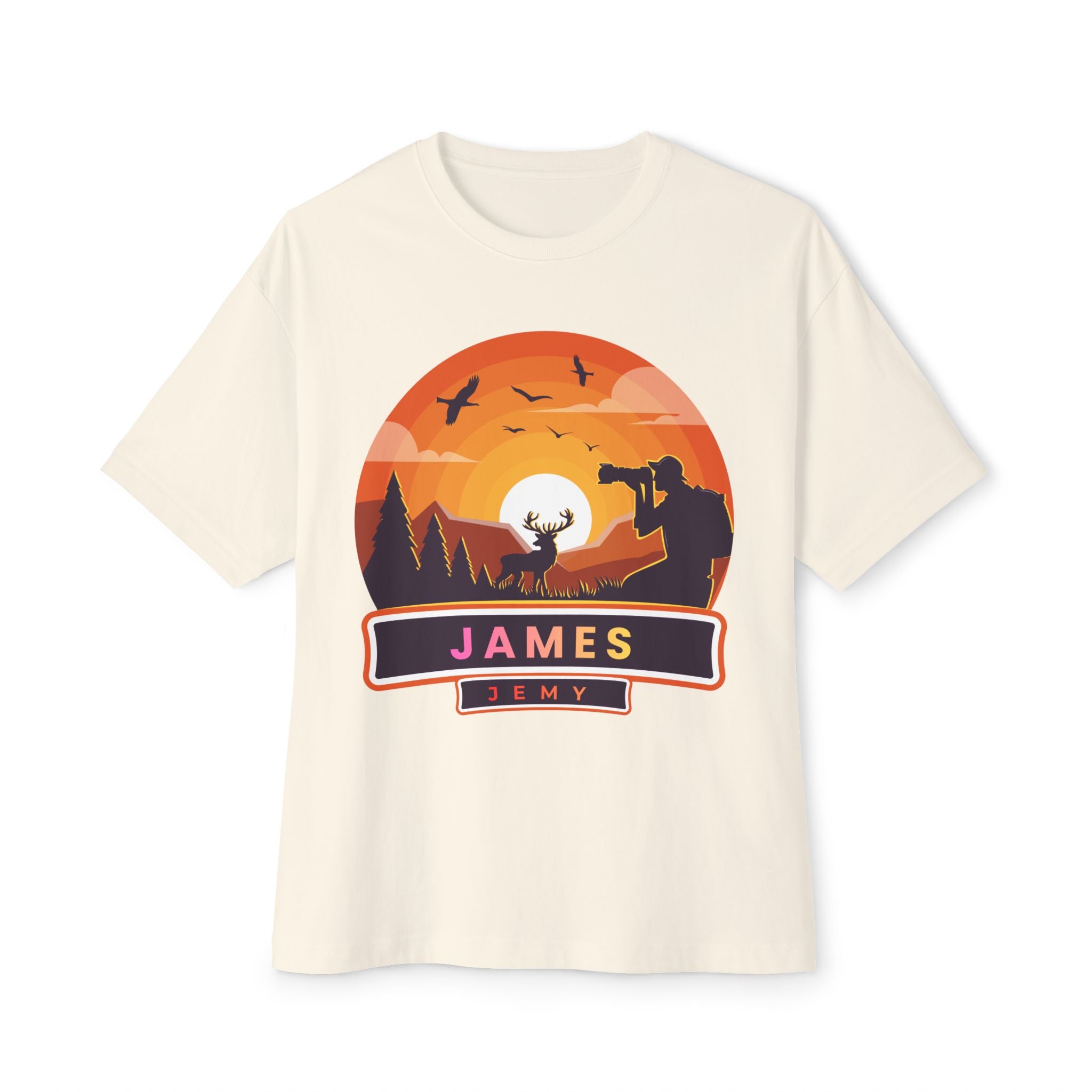 Sunset Deer Silhouette Tee | Personalized JAMES Name Badge