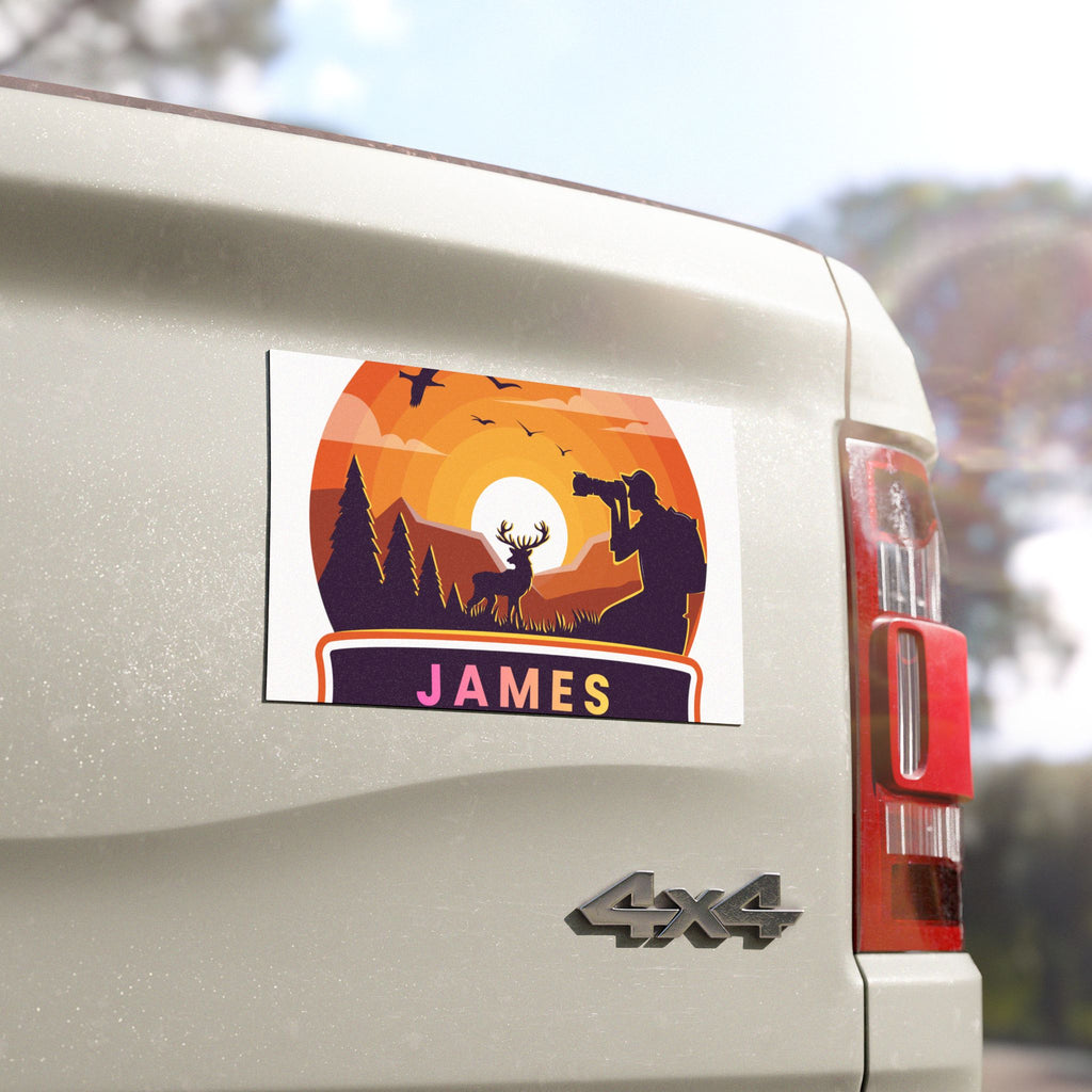 Personalized Hunting Car Magnet — Sunrise Deer & Photographer Badge (Custom Name)
