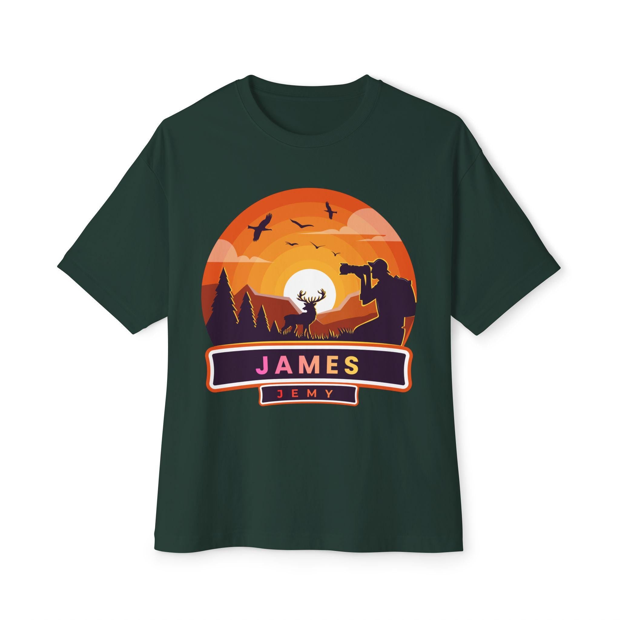 Sunset Deer Silhouette Tee | Personalized JAMES Name Badge