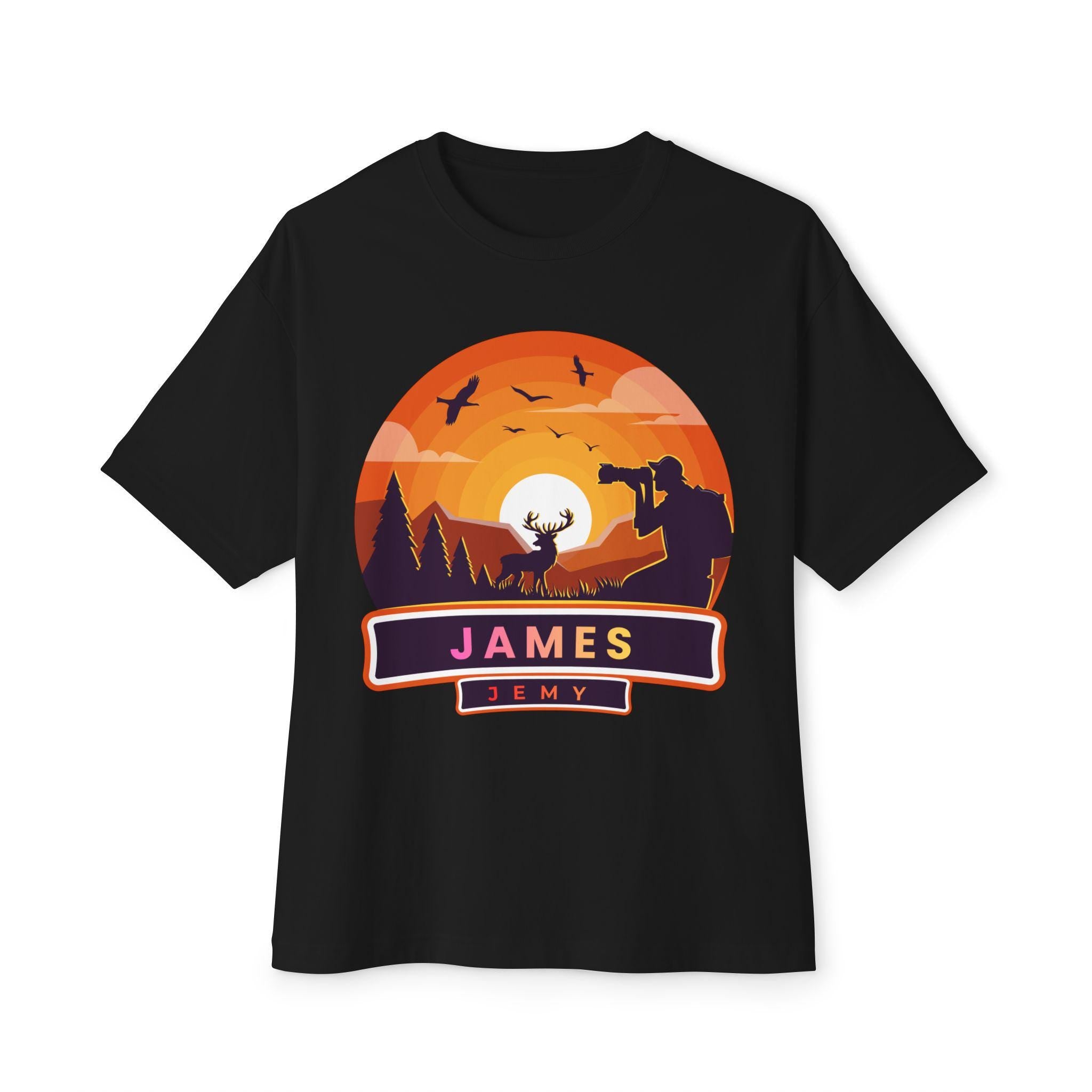 Sunset Deer Silhouette Tee | Personalized JAMES Name Badge