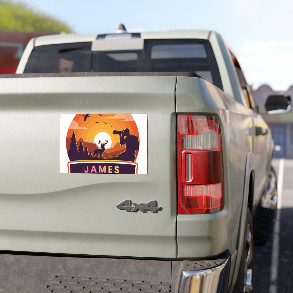 Personalized Hunting Car Magnet — Sunrise Deer & Photographer Badge (Custom Name)
