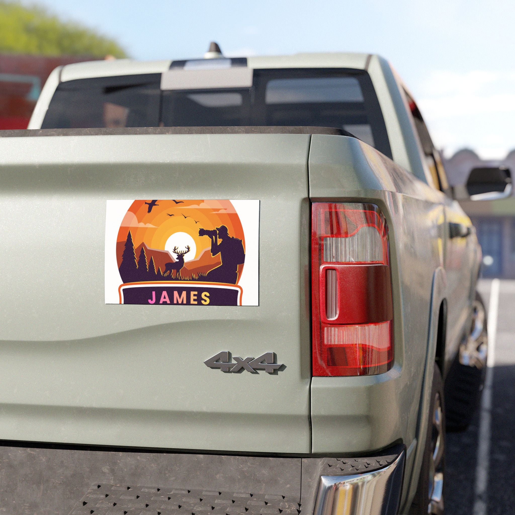 Personalized Hunting Car Magnet — Sunrise Deer & Photographer Badge (Custom Name)
