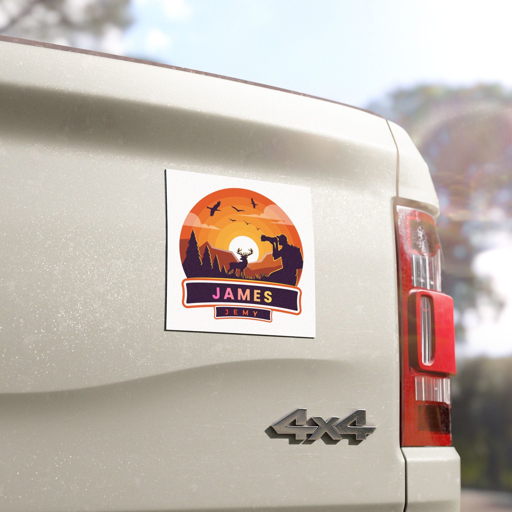 Personalized Hunting Car Magnet — Sunrise Deer & Photographer Badge (Custom Name)