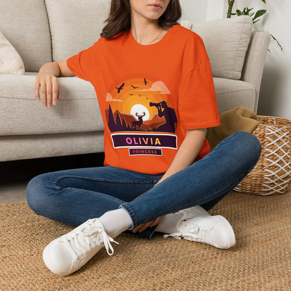 Sunset Deer Silhouette T-Shirt | Personalized Olivia Name