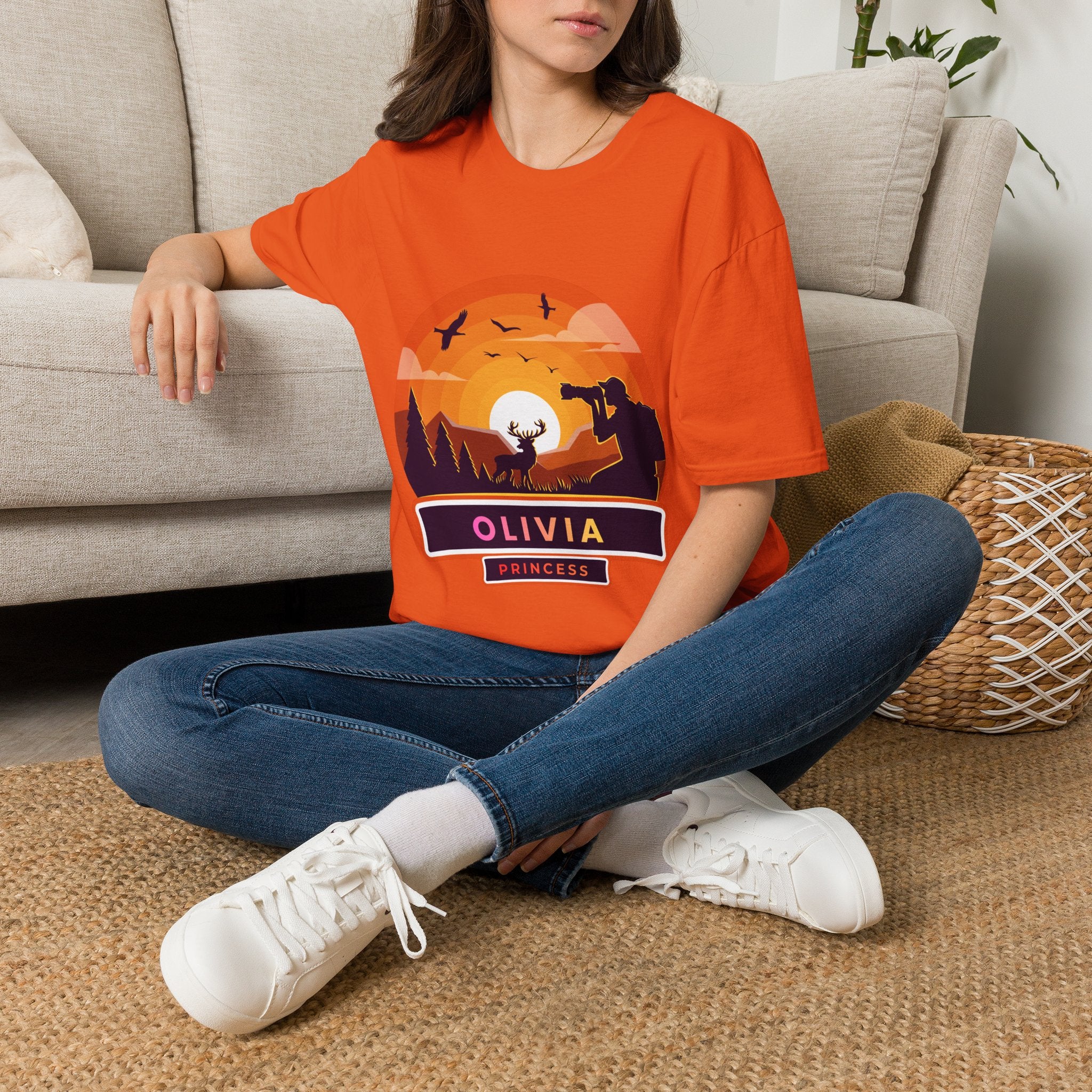 Sunset Deer Silhouette T-Shirt | Personalized Olivia Name