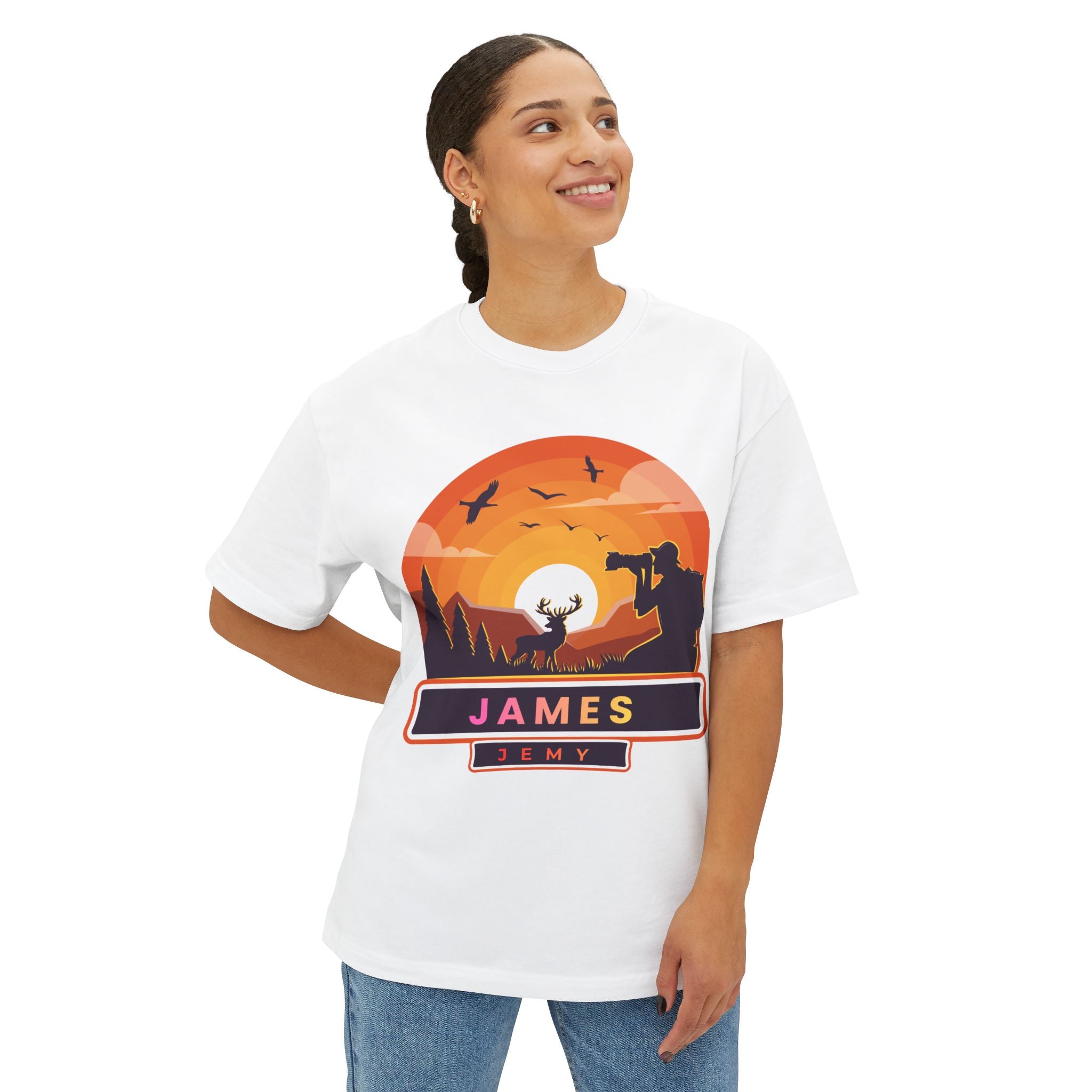 Sunset Deer Silhouette Tee | Personalized JAMES Name Badge
