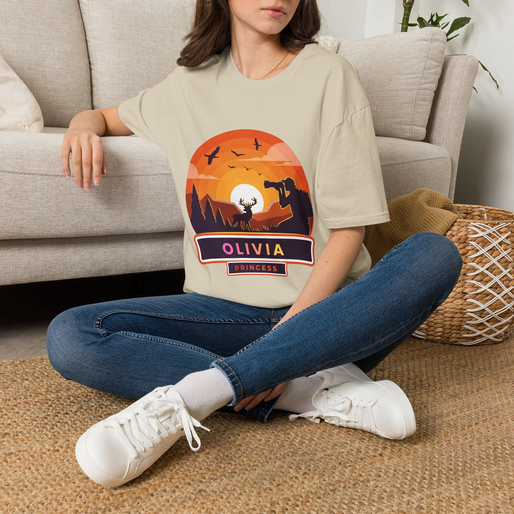 Sunset Deer Silhouette T-Shirt | Personalized Olivia Name