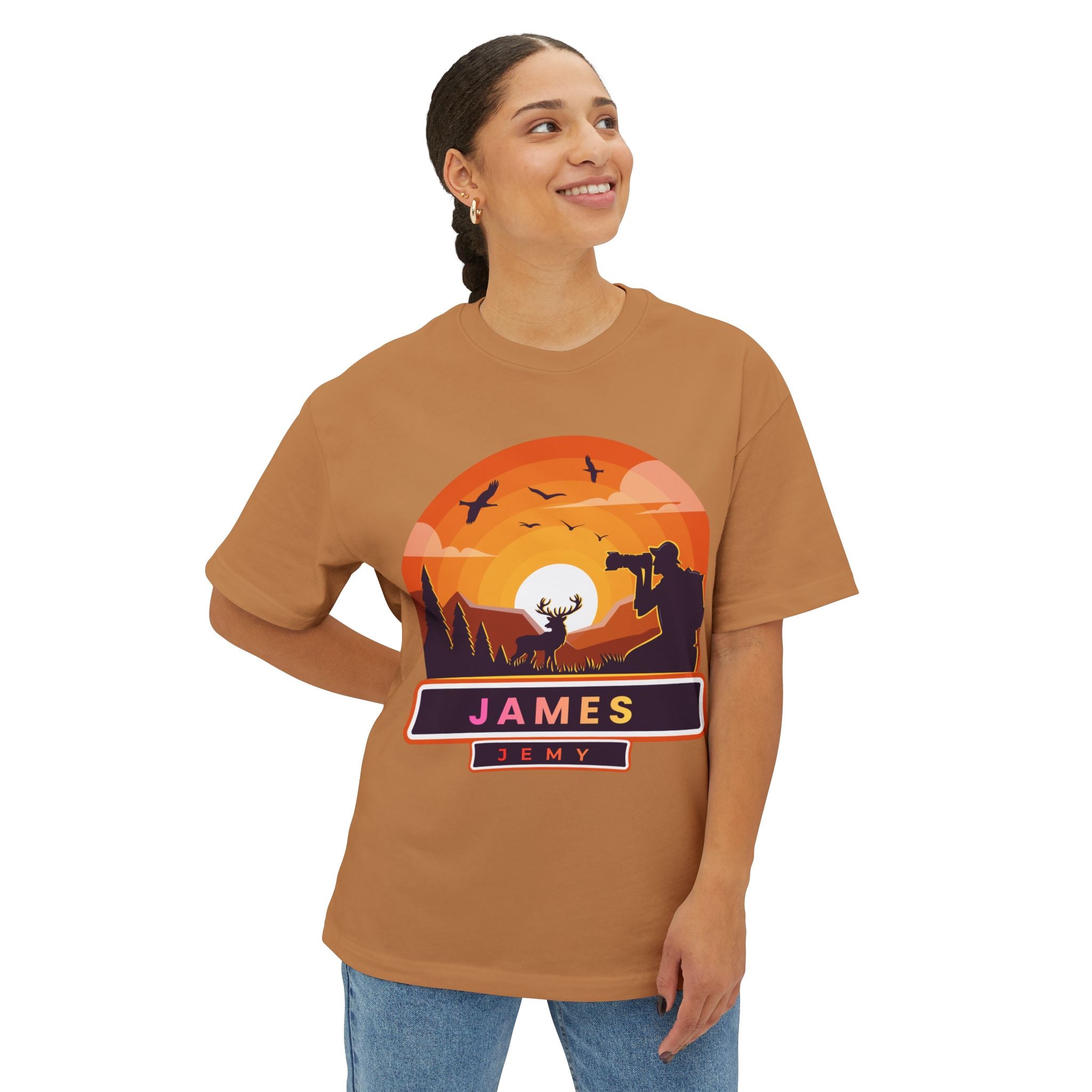 Sunset Deer Silhouette Tee | Personalized JAMES Name Badge